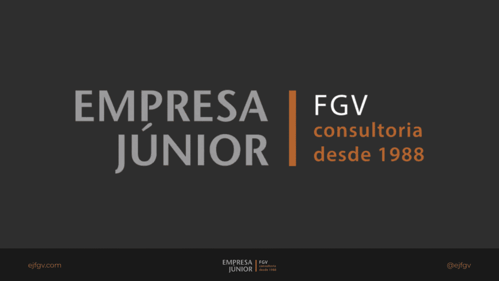 Logo da EJFGV ao centro da imagem, com o texto: empresa júnior, FGV, consultoria desde 1988
